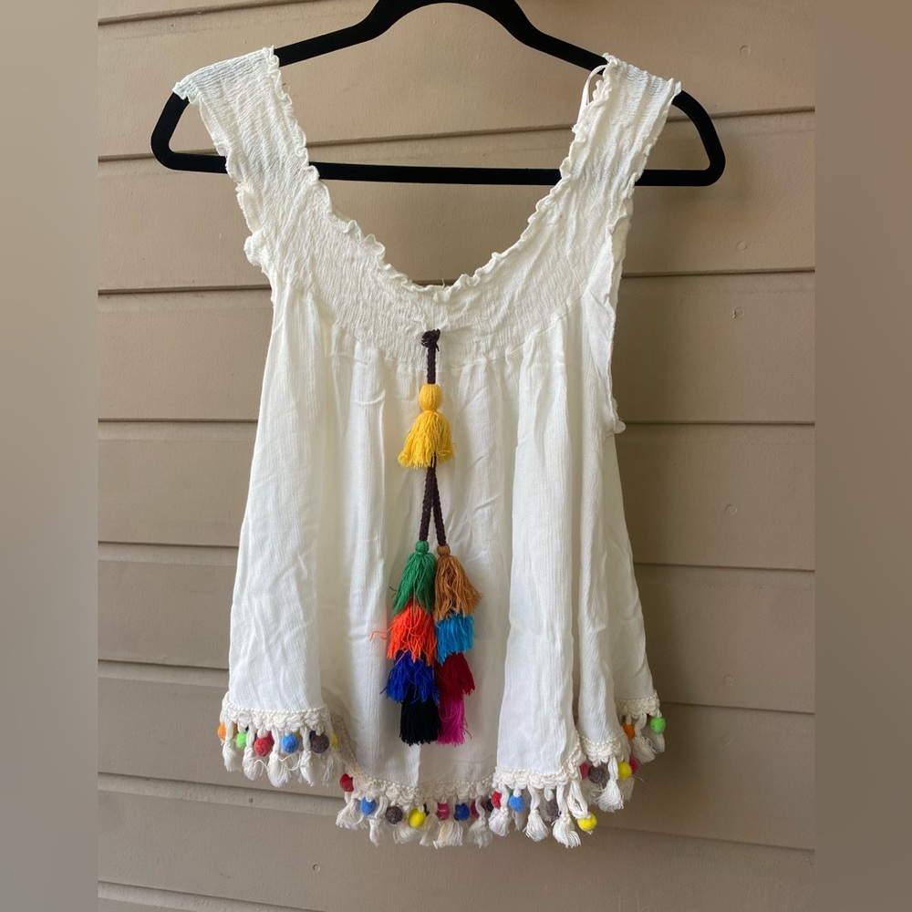 Love J boho white top with colorful tassel details